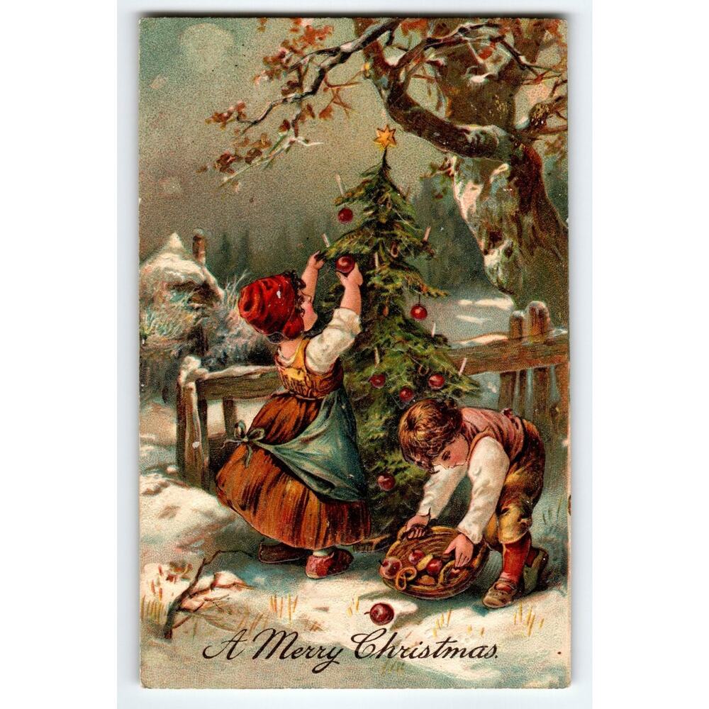 1908 Embossed Christmas Postcard Children Decorating Tree Red Cross Stamp 7143